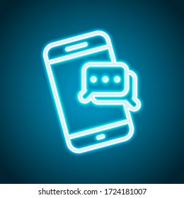 Mobile chatting, text dialog, send message, outline design. Neon style. Light decoration icon. Bright electric symbol