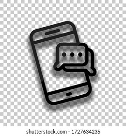 Mobile chatting, text dialog, send message, outline design. Black glass icon with soft shadow on transparent background