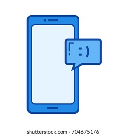Ícone de linha vetorial de bate-papo móvel isolado no plano de fundo branco. Ícone de linha de bate-papo móvel para infográfico, site ou aplicativo. Ícone azul projetado em um sistema de grade.