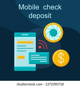 Mobile Check Deposit Flat Concept Vector Icon. Internet Banking Cartoon Color Illustrations Set. Online Banking. E-wallet. Transaction Check, Receipt, Notification. Isolated Graphic Design Element