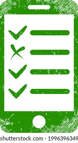 Mobile check list icon with scratched effect. Isolated vector mobile check list icon image with unclean rubber texture on a white background.