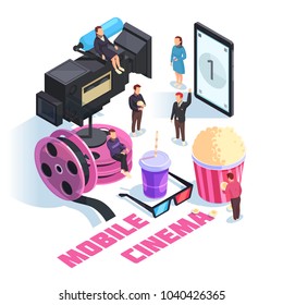 Mobile cinema isometric concept on white background with staff, smart phone, camcorder, film reel, snacks vector illustration