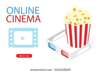 Mobile cinema, online movie app, cinematography or filmmaking concept. Online cinema watch now vector illustration. Popcorn and 3d glasses