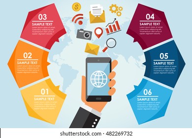 Mobile circle info-graphic with world background.  Vector illustration 