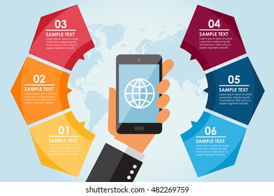 Mobile circle info-graphic with world background.  Vector illustration 
