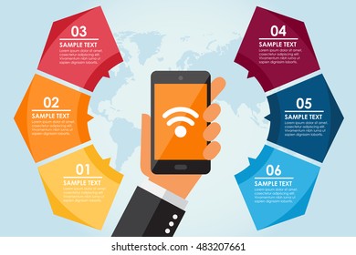 Mobile circle infographic with world background.  Vector illustration 