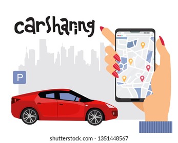Mobile city transportation concept. Online car sharing. female hand with big mobile phone with geolocation map and city silhouette. Red sports car under parking sign composition with lettering