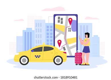 Mobile city transportation concept with traveling woman ordering taxi online, flat vector illustration isolated on white background. Online taxi car service.