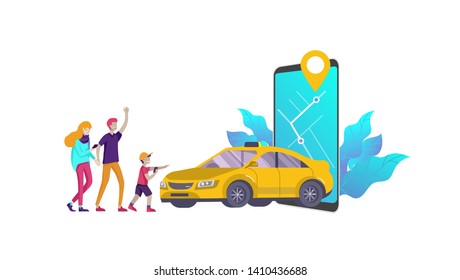 Mobile city transportation, online car sharing with cartoon family people character and smartphone, online carsharing. Vector flat style illustration