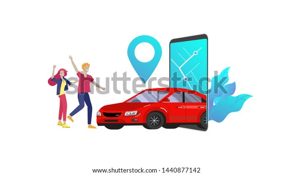 Mobile city transportation, online car\
sharing with cartoon family people character and smartphone, online\
carsharing. Vector flat style\
illustration