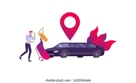 Mobile city transportation, online limousine sharing with woman in elegant evening dress and man beside luxury limousine and smartphone. Vector flat style illustration