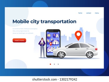 Concepto de ilustración vectorial de transporte de ciudad móvil, uso compartido de camión en línea con personaje de caricatura y smartphone, puede utilizarse para plantillas de página de inicio, ui, web, aplicación móvil, afiche, pancarta, volante