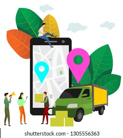 mobile city transportation vector illustration concept, Online car sharing with cartoon character and smartphone.