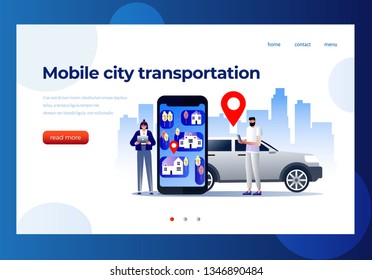 Mobile city transportation vector illustration concept, Online car sharing with cartoon character and smartphone, can use for landing page template, ui, web, mobile app, poster, banner, flyer