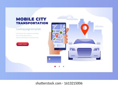 mobile city transportation vector illustration concept, Online car sharing hand with smartphone, Landing page template, ui, web, mobile app, poster, banner, flyer. Isolated on white background