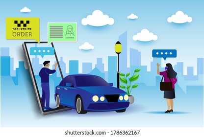 mobile city transportation vector illustration concept, Online car with cartoon character and smartphone, can use for, landing page, template, ui, web, mobile app, poster, banner, flyer