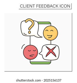 Icono de color de comunicación de cliente móvil. Smartphone y diálogo de usuario. El marketing en línea y el manejo de comentarios negativos por parte de la audiencia de los medios sociales. Ilustración vectorial aislada