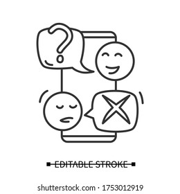 Icono de comunicación de cliente móvil. Pictograma de línea de diálogo de usuario y Smartphone. Ilustración de gestión de retroalimentación negativa de la audiencia de marketing en línea y medios sociales. Vector de trazo editable