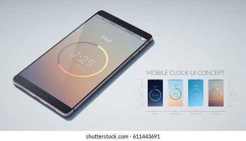 Mobile clock colorful ui design concept on light background flat vector illustration