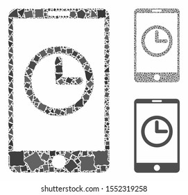 Mobile clock composition of tremulant pieces in various sizes and color hues, based on mobile clock icon. Vector humpy pieces are united into composition.