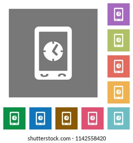 Mobile clock flat icons on simple color square backgrounds