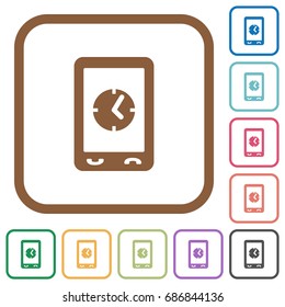 Mobile clock simple icons in color rounded square frames on white background