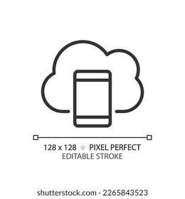 Mobile cloud computing pixel perfect linear icon. Apps delivering technology. Access to virtual server via smartphone. Thin line illustration. Contour symbol. Vector outline drawing. Editable stroke