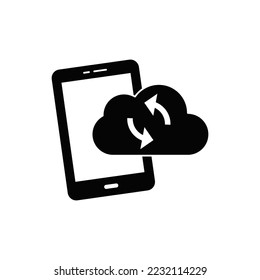 Mobile cloud data icon in black flat glyph, filled style isolated on white background