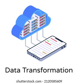 Mobile with cloud denoting isometric icon of data transformation 

