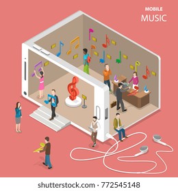 Mobile cloud music service isometric vector. People are going by and inside a musical store with facade looking like a smartphone. There are many musical notes in the store which sybolize music tracks