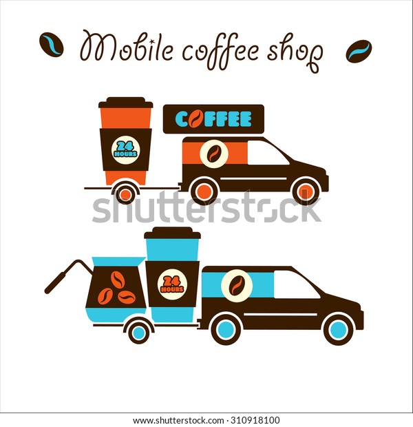 Mobile coffee shop. The car carries the coffee. Vector\
corporate identity, logo. Isolated objects. 24 hours, around the\
clock. 2