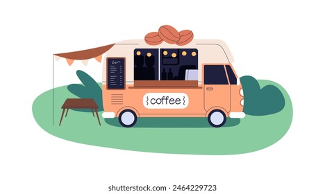 Mobile coffee shop in food truck. Street coffeehouse wagon. Outdoor cafe van with drinks, retro wheeled vehicle. Cozy caravan with counter. Flat vector illustration isolated on white background