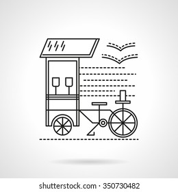 Mobile coffee shop. Street trade. Bicycle with awning. Flat black line style vector icon. Single web design element for mobile app or website.