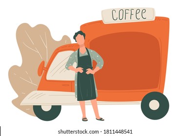 Mobile coffee shop truck or trailer with sign. Isolated seller with van stylized on store. Supplier or producer of hot refreshing beverages. Takeaway cafe or diner for customers vector in flat