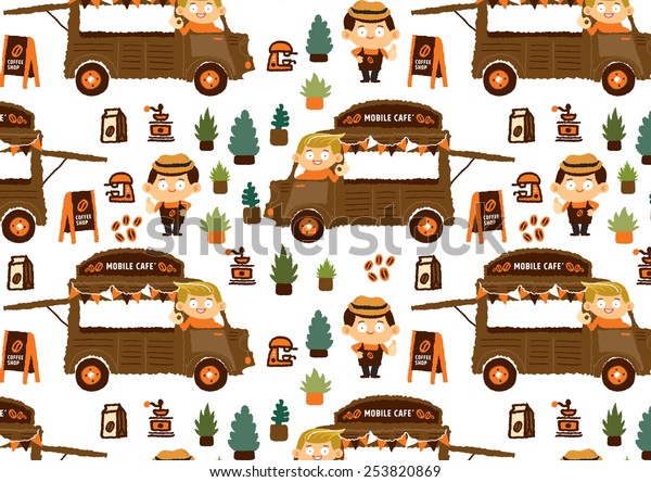Mobile coffee shop - Van cafe pattern -\
freehand drawing vector\
illustration