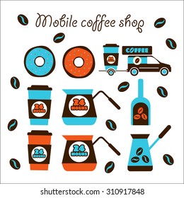 Mobile coffee shop.Set of vector elements about coffee.