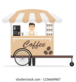 Mobile coffee trolley. Mobile coffee trolley with the seller. Flat design, vector illustration, vector.