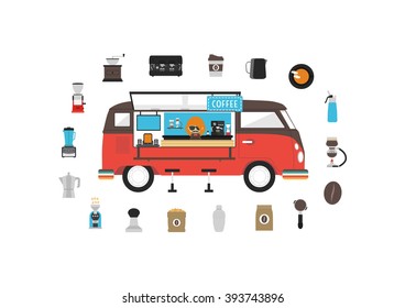 mobile coffee van with set of coffee icon on white