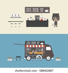 Mobile coffee van and coffee shop, pastel, flat style