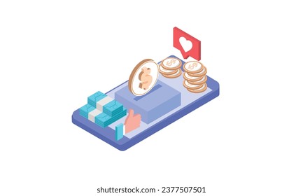 Mobile coins screen, color web icon, new flat style.on white background.3D design.isometric vector design Illustration.