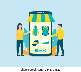 mobile commerce apps with smartphone and couple man and woman with modern tone color