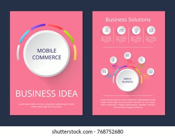 Mobile commerce, business idea and solution, posters with text sample, icions of businessman, scissors and paper, pen and letter vector illustration