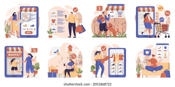 Colección de escenas aisladas de comercio móvil. La gente hace compras y paga por pedidos en aplicaciones, fijadas en diseño plano. Ilustración vectorial para blogs, sitio web, aplicación móvil, materiales promocionales.
