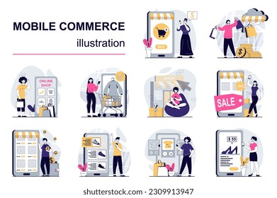 Mobile commerce concept with character situations mega set. Bundle of scenes people shopping and making internet payment using credit cards in application. Vector illustrations in flat web design