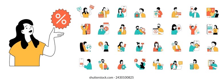 Mobile commerce concept with character situations mega set in flat web design. Bundle of scenes people making purchases with discounts, shopping online, ordering and paying. Vector illustrations.