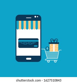 Mobile commerce concept design on blue background