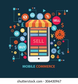 Mobile commerce concept design on dark background,clean vector