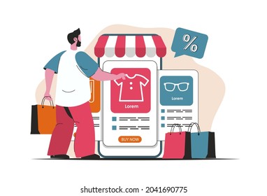 El concepto de comercio móvil aislado. Compras en línea, pago en aplicación móvil. Escena de personas en diseño de dibujos animados planos. Ilustración vectorial para blogs, sitio web, aplicación móvil, materiales promocionales.