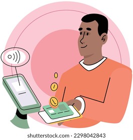 Mobile commerce concept. Man buys item in mobile phone apps in online store and pays for purchases with credit card at checkout with terminal. Online shopping and e-business, finance and payment