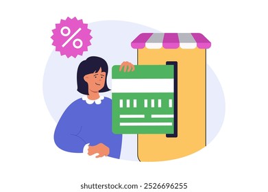 Mobile commerce concept in modern flat design for web. Woman making online purchases with credit card payment in app, getting special discounts offer and gifts for clients. Vector illustration.